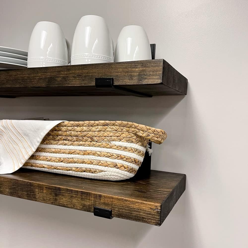 Rustic Shelves with J-Brackets Set of 2, Industrial Shelf, Kitchen Shelves, Solid Wood, Decorative Wall Storage, Heavy Duty, URBANDI (Dark Brown, 24Wx12D)