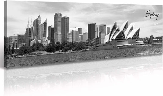 DJSYLIFE Sydney Skyline Wall Art Decor Canvas Print Black and White City Building Landscape Poster Australia Cityscape Modern Artwork Painting for Bedroom Office Home Decoration - 13.8" x 47.3"
