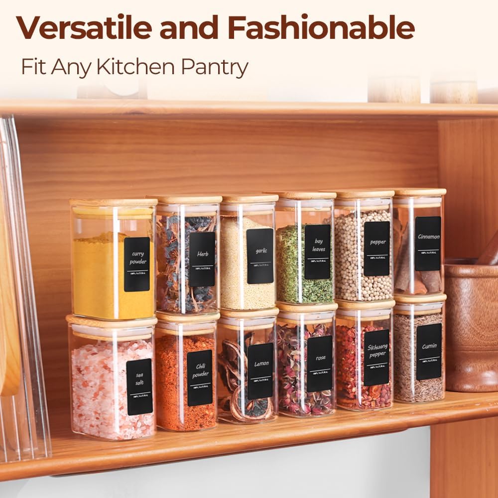 Comsaf Spice Jars with Label，8 oz Small Glass Jars with Lids, 6 Pcs Seasoning Containers, Rectangle Glass Containers with Lids, Empty Seasoning Jars for Pantry Storage, Loose Tea, Herbs, Powders, Salt