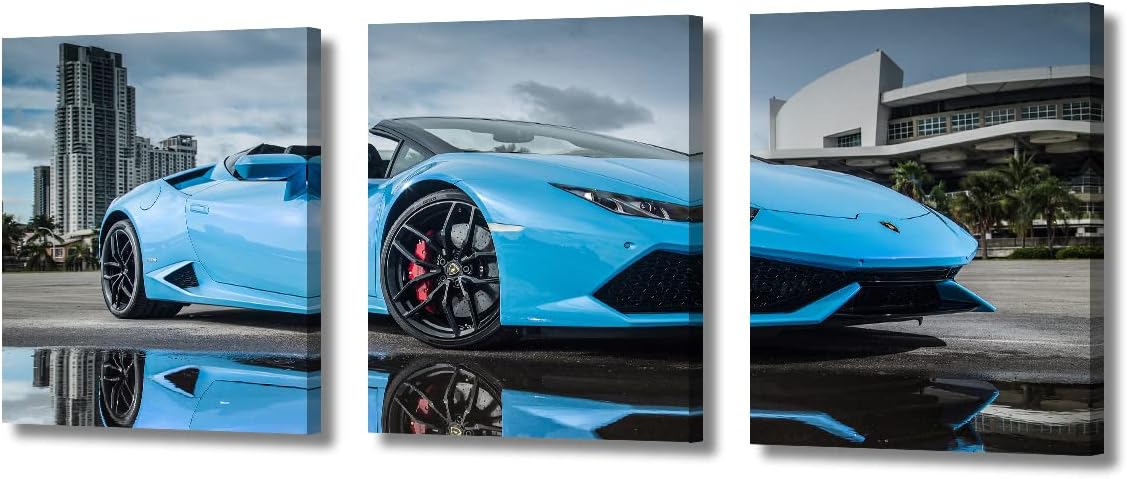 TUMOVO Blue Sports Car Wall Art for Bedroom Speed Super Car Canvas Painting Clouds Sky Large Wall Art for Living Room Open Car Contemporary Home Decor 3 Panels Stretched on Wooden Frame, 36" Wx16 H