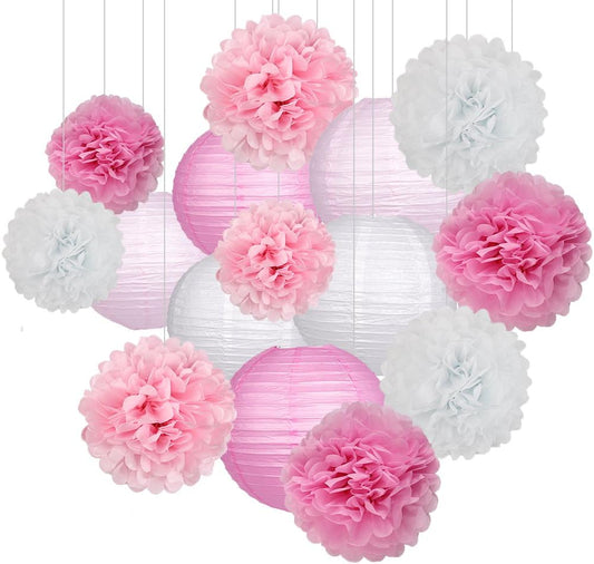 15Pcs Party Pack Paper Lanterns and Pom Pom Balls Hanging Decoration for Wedding Birthday Baby Shower-Pink/White