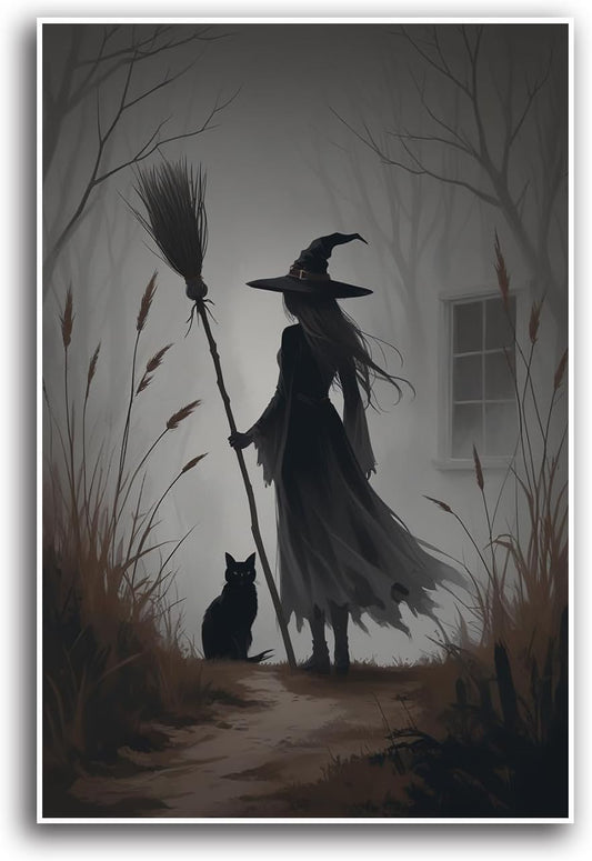 JFHCQJPK Vintage forest witch and black cat poster Halloween mural poster decoration mural art magic suitable for home living room bedroom8x12in Frameless