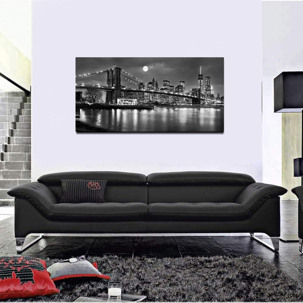 LevvArts - Black and White New York Picture Brooklyn Bridge Canvas Wall Art Full Moon Night Manhattan City Poster Canvas Print Framed Gallery Wrapped Modern Home Office Decoration