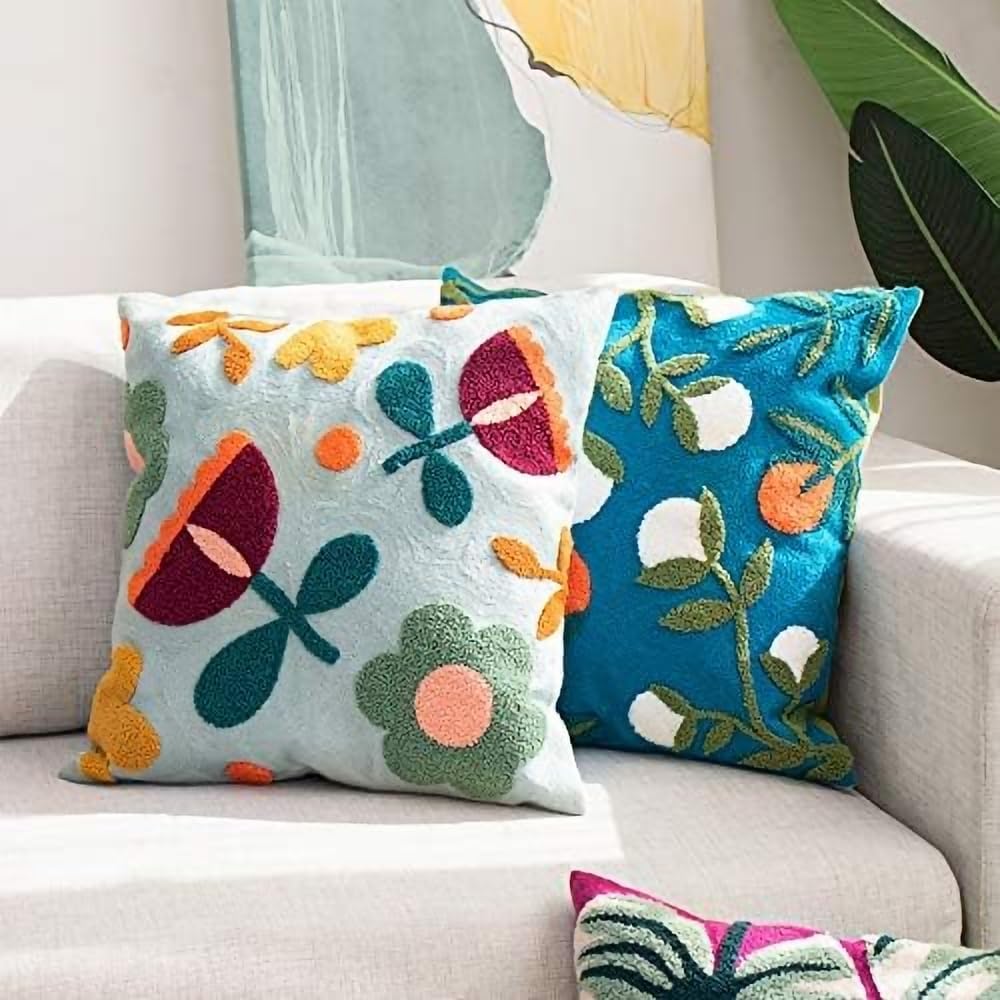 MOCOFO Canvas Embroidered Throw Pillow Cover with Flower Spring Embroidery Craft Modern Simple Sofa Office Pillow Pillow Case (Acorn, 18x18’’)