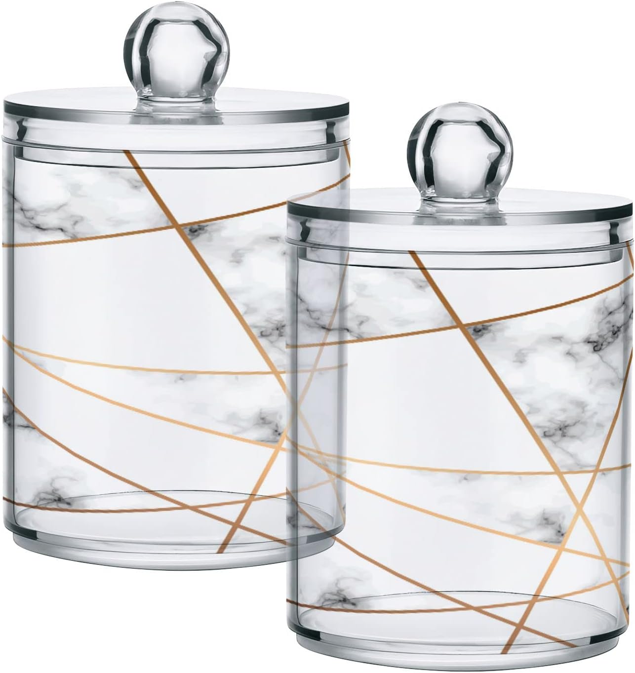 2 Pack Qtip Holder Dispenser White Marble Gold Line Bathroom Storage Canister Lid Acrylic Plastic Apothecary Jar Set Vanity Makeup Organizer for Cotton Swabs/Pads/Floss