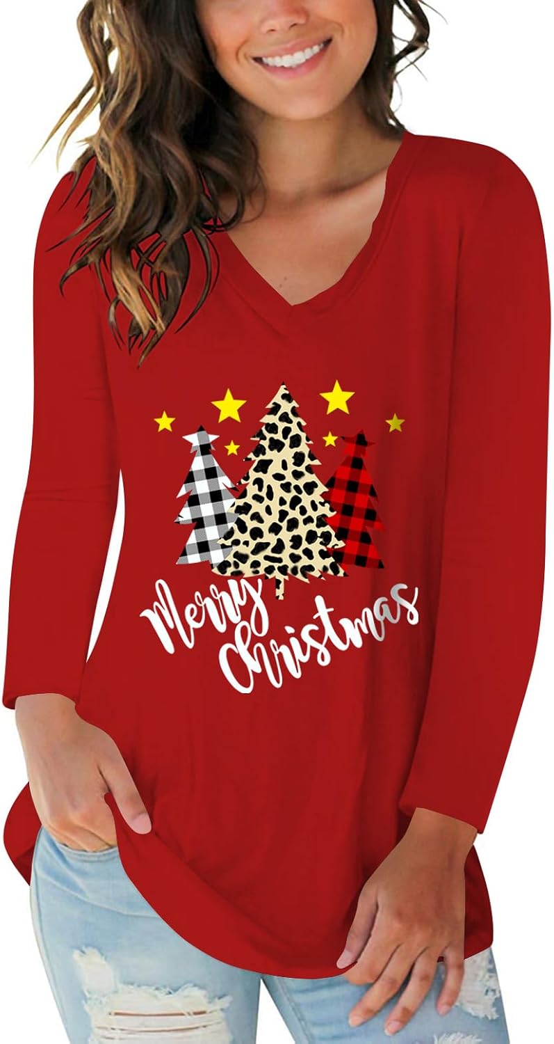 Tobrief Women's Long Sleeve V-Neck Shirts Fall Graphic Tees Loose Casual T-Shirt