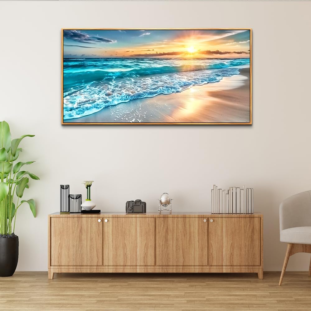 hyidecorart Large Wall Art For Living Room Wall Decorations For Bedroom Office Wall Decor Wood Framed Canvas prints Painting Blue Sea Wave Pictures Modern Beach Seascape Posters Home Decor Artwork