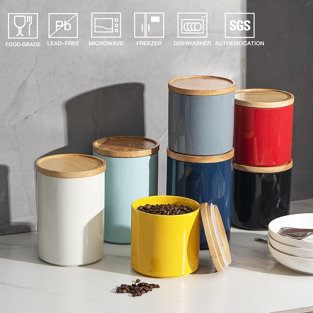 Sweejar Kitchen Canisters Ceramic Food Storage Jar, Stackable Containers with Airtight Seal Wooden Lid for Serving Coffee Bean, Flour, Tea, Cookies and More - 58 Fl Oz(Gray)