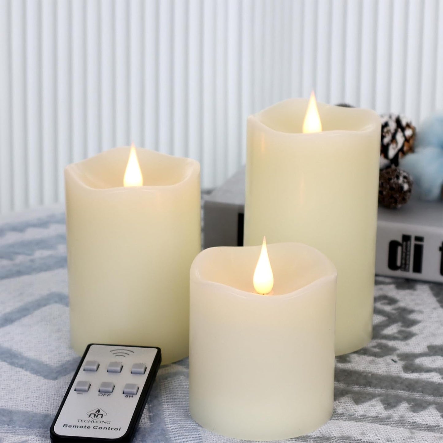 Flameless Candles Battery Operated with Remote Timer, 3D Moving Flame Flickering, Last 600+ Hours Battery Candles, Set of 3 Ivory Real Wax Electric LED Candle for Wedding Party Decor