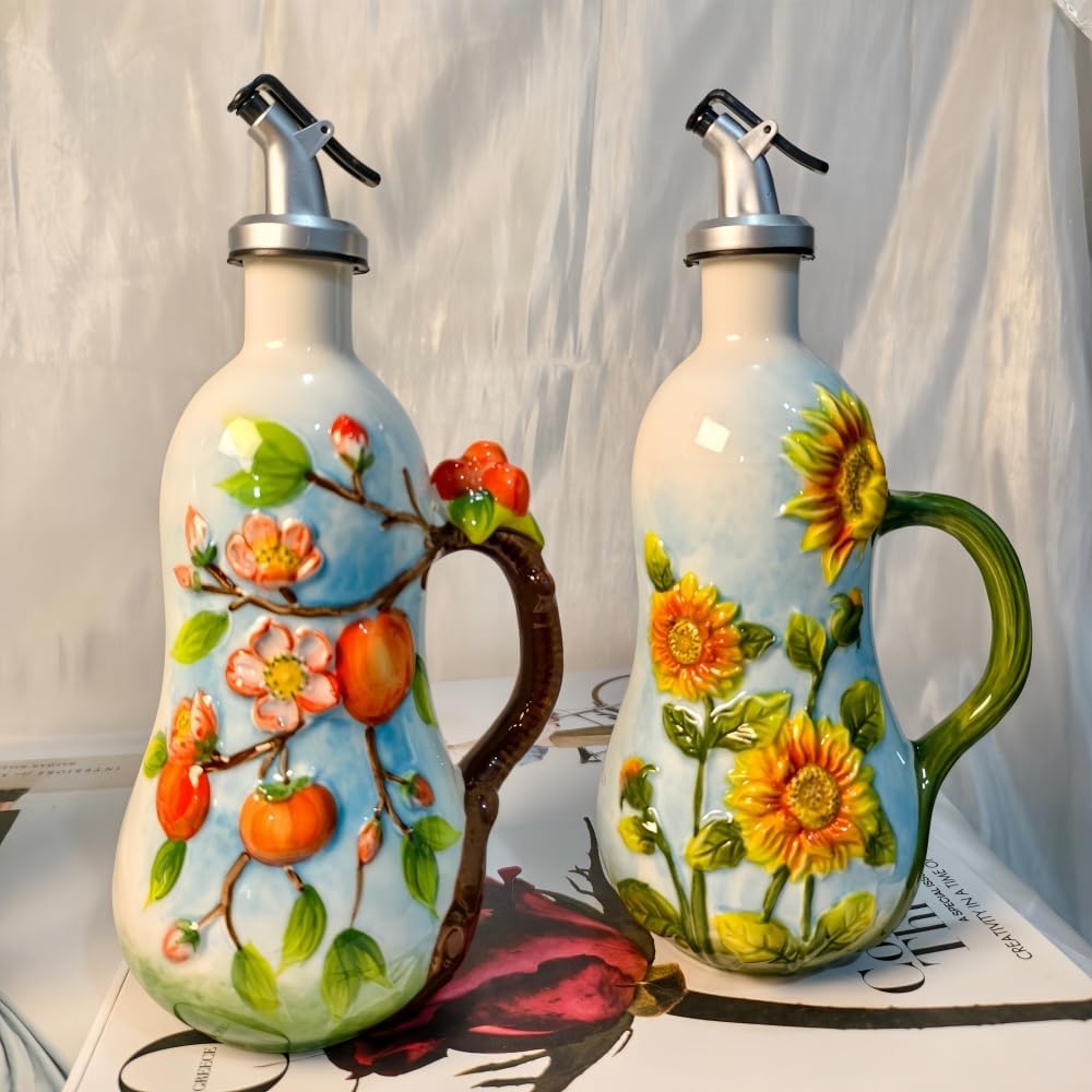 18.26oz/540ml Ceramics Olive Oil Dispenser Bottle,Hand Painted Reliefs Oil Dispenser for Kitchen,Oil Bottles for Kitchen (Persimmon)