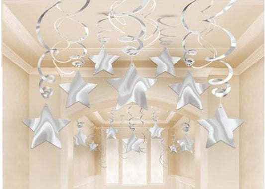 Party Swirl Decorations, Hanging Swirl for Ceiling Decorations, Silver with Star, Pack of 30