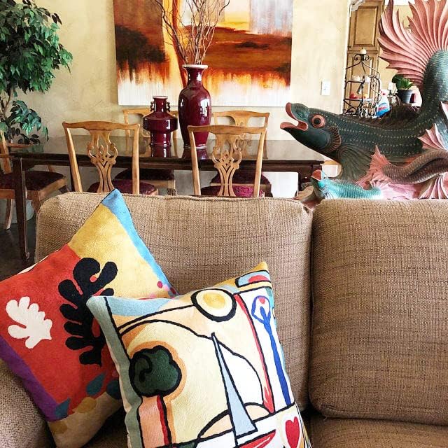 Matisse Coral Pillow Cover | Orange Modern Pillows | Modern Chair Cushion| Farmhouse Pillows | Flower Outdoor Pillow | Mid Century Chair Cushion | Hand Embroidered Wool Size 18x18