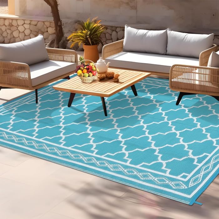 GAOMON Reversible Outdoor Rug 9'x18' Waterproof Plastic Straw Rug, Patio Rug, Large Modern Area Rug Carpet, Indoor Outdoor Rugs for Camping, Porch, Deck, Balcony, Backyard, Teal/White(Geometric)