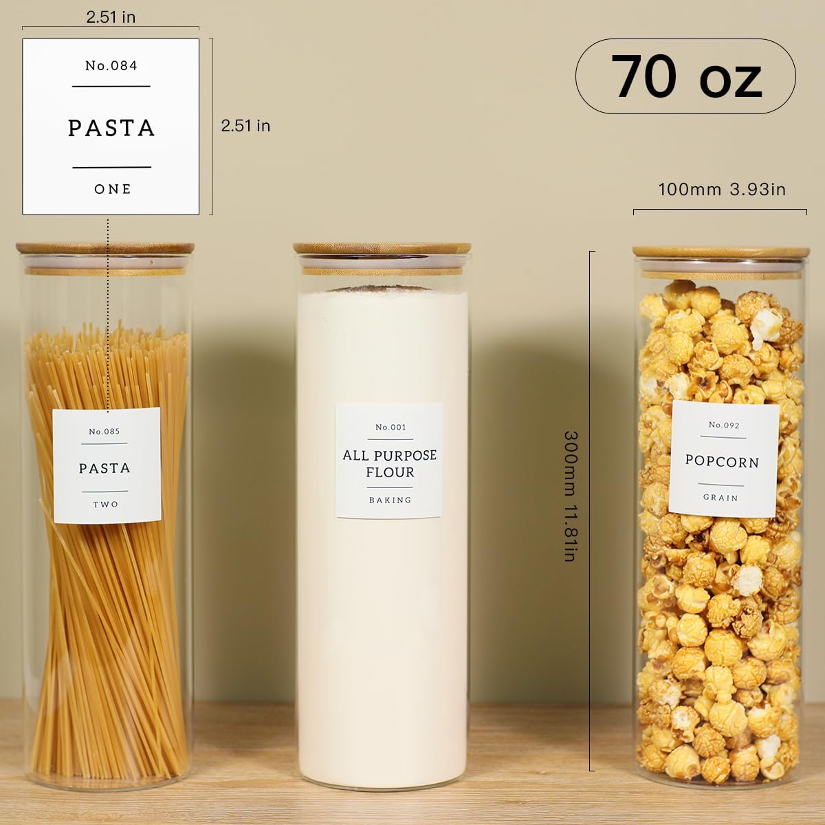 3 Pack Glass Jar with Airtight Bamboo Lid and White 132 Kichen Pantry Labels Preprinted - 70 Oz Clear Tall Glass Food Storage Containers set For Noodles Pasta Spaghetti