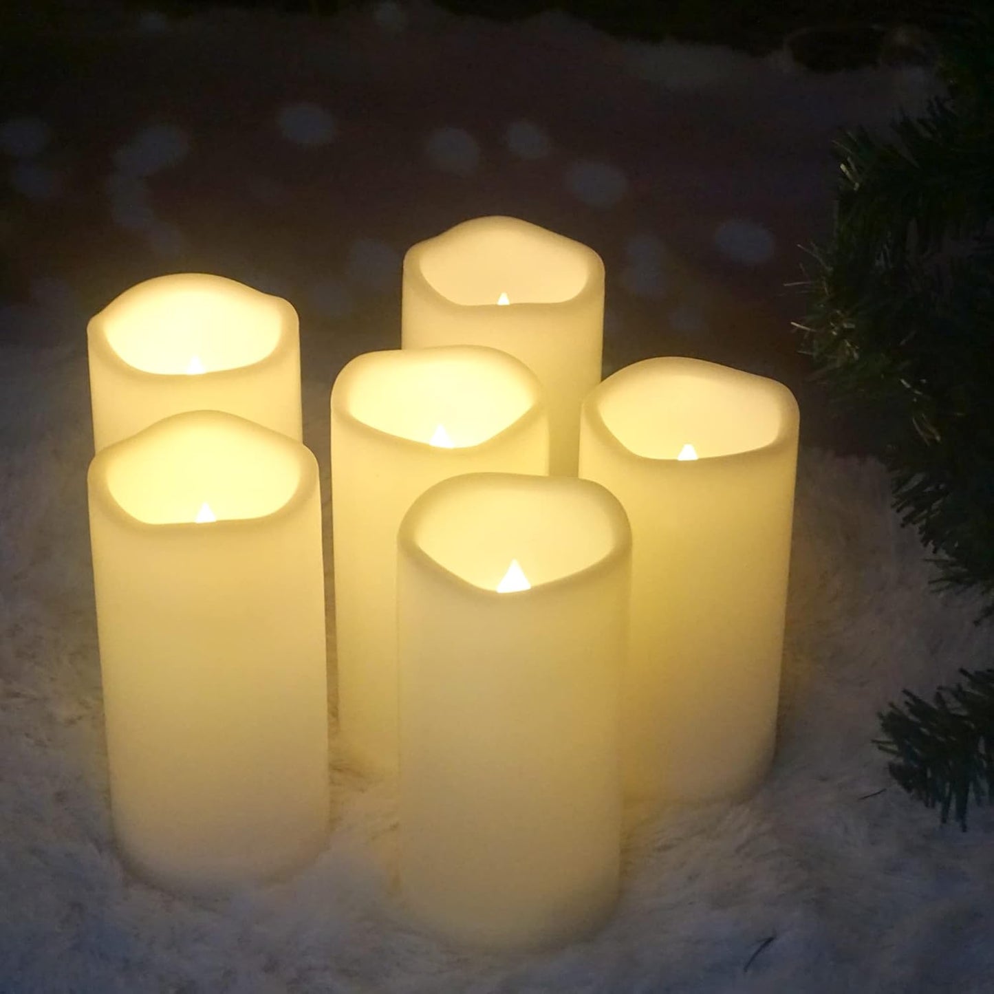 CANDLE CHOICE Waterproof Outdoor Battery Operated Flameless Candles Remote Timer Ivory Plastic Realistic Flickering Fake Electric LED Pillars Lantern Garden Wedding Christmas Decorations 3”x6” 6 Pack