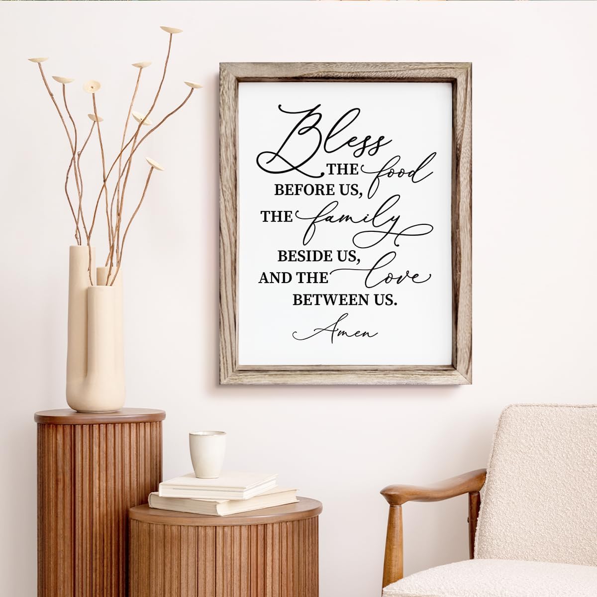 Christian Wooden Wall Sign, Dining Room Decors, Farmhouse Decor for Kitchen, Rustic Home Decor, Framed Wall Plaque Sign 15 * 11.5 inches, Bless the Food Before Us