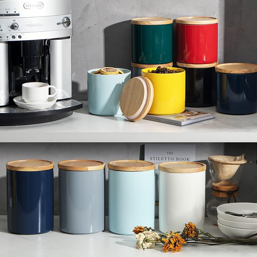 Sweejar Kitchen Canisters Ceramic Food Storage Jar, Stackable Containers with Airtight Seal Wooden Lid for Serving Coffee Bean, Flour, Tea, Spice and More - 39 Fl Oz (Yellow)