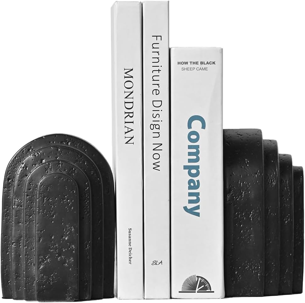 Decorative Bookends for Shelves, Set of 2 Book Ends for Heavy Books, Layered Arch Design Black Bookend