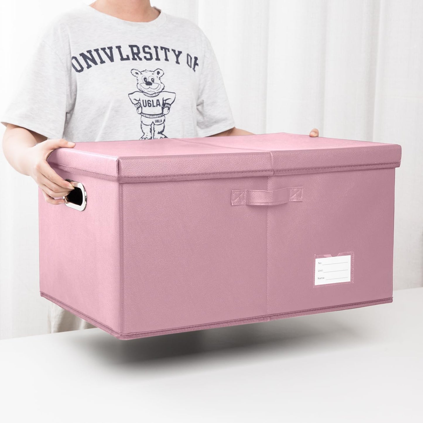 PRANDOM Collapsible Storage Box with Lid [1-Pack] Leather Fabric Foldable Storage Bin Organizer Container Basket Cube with Cover for Home Bedroom Closet Office Nursery Pink (22.8X15.7X11.8)