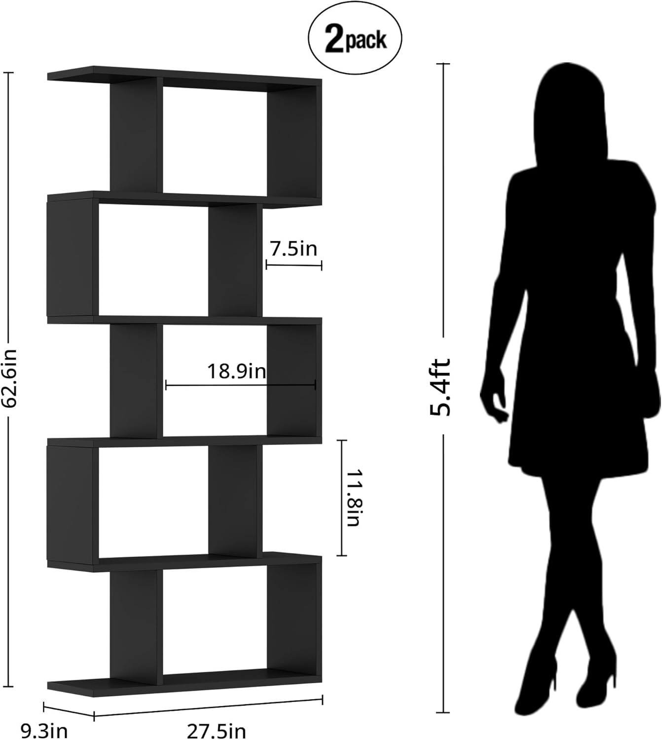 Black 5-Tier Geometric Bookcase, S-Shaped Modern Bookshelf Set of 2, 62.6" Tall Room Divider Book Shelf, Decorative Display Shelf