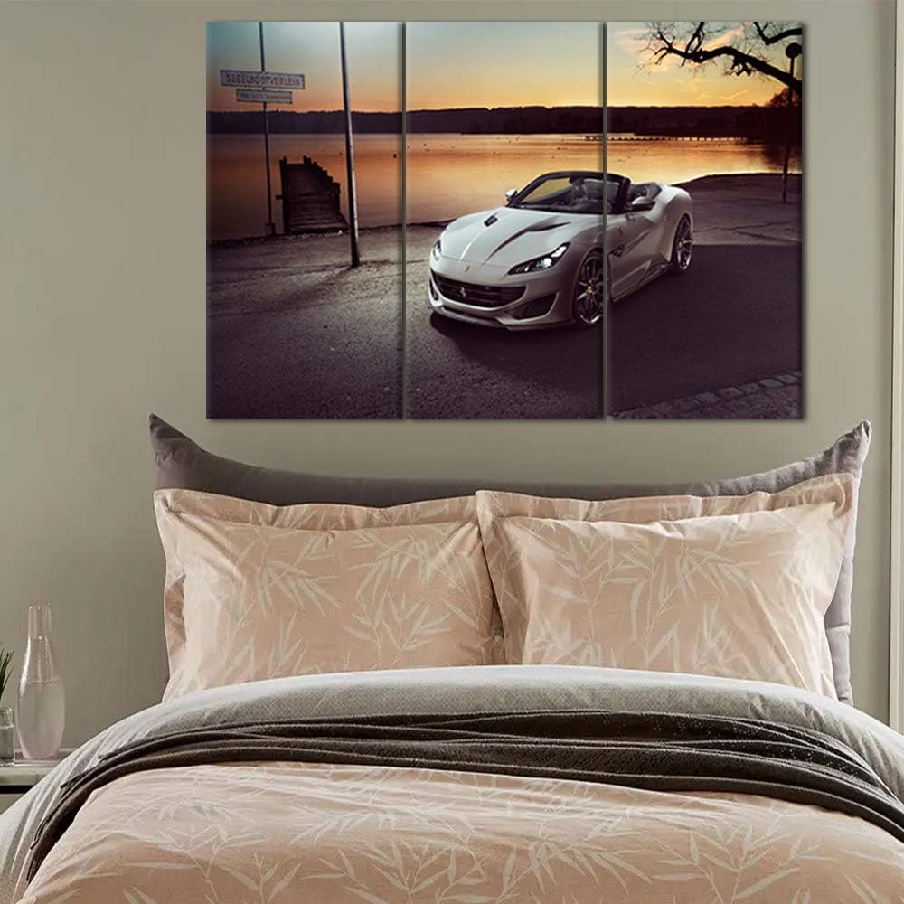 TUMOVO Pier Landscape Canvas Wall Art Framed White Boys Fast Car Cool Sports Poster 3 Pieces 3D Diamond Print Painting with Frame and Stretched Ready to Hang - 28 x 14inch x 3 Panels