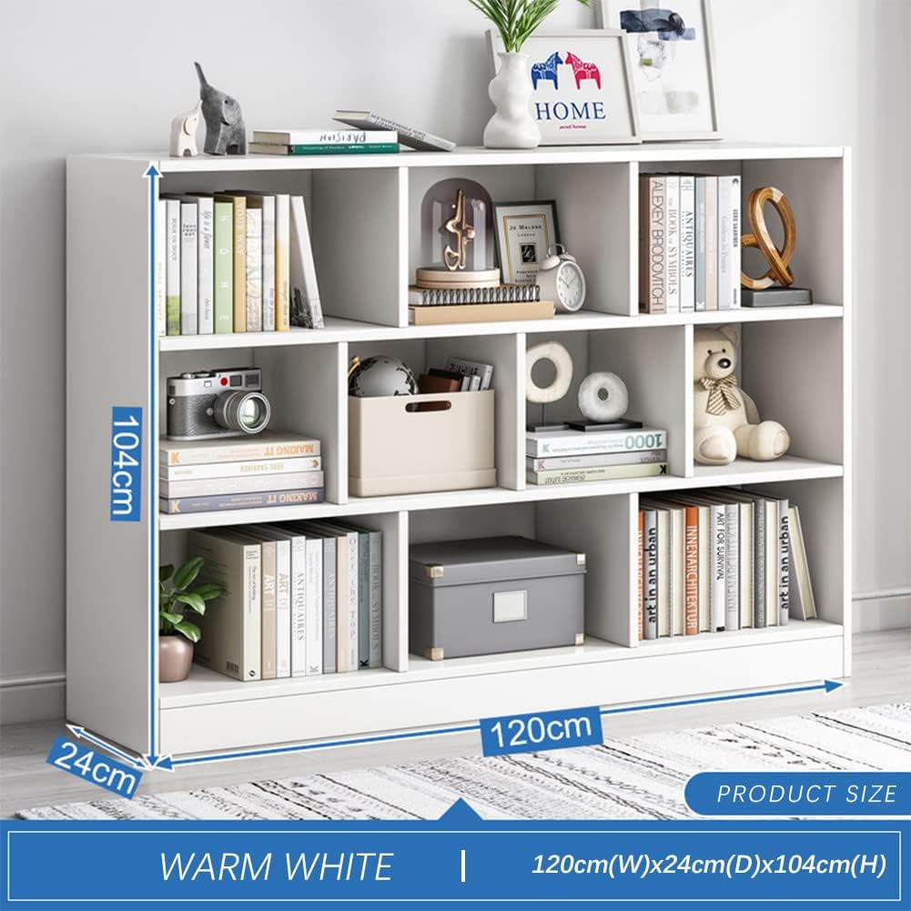 IOTXY Open Shelf Low Bookcase - Wooden 3-Tier Floor Standing Display Cabinet Organizer with Base, 10 Cubes Short Horizontal Bookshelf in Warm White