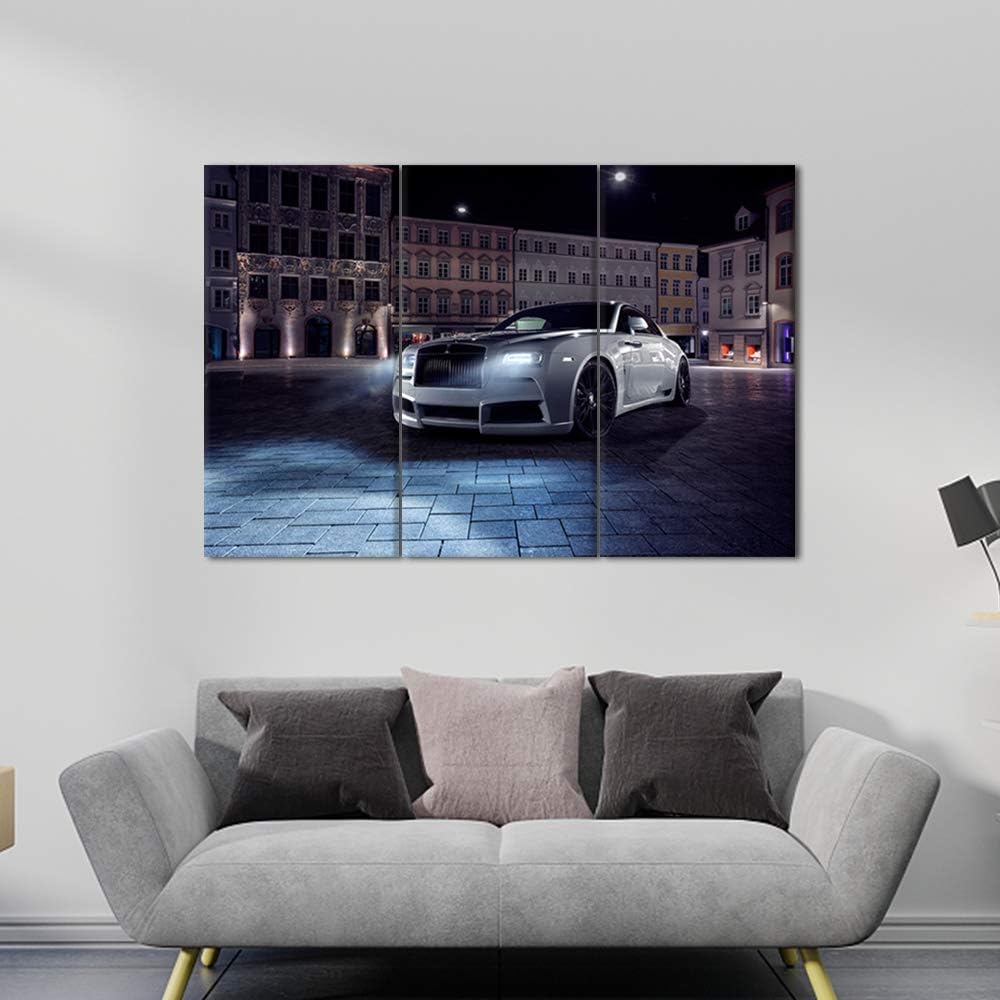 TUMOVO 3 Pieces Wall Art Cityscape and White Supercar Painting Pictures Print On Canvas Car The Picture for Home Modern Decoration Stretched by Wooden Frame Ready to Hang - 40 x 20inch x 3 Panels