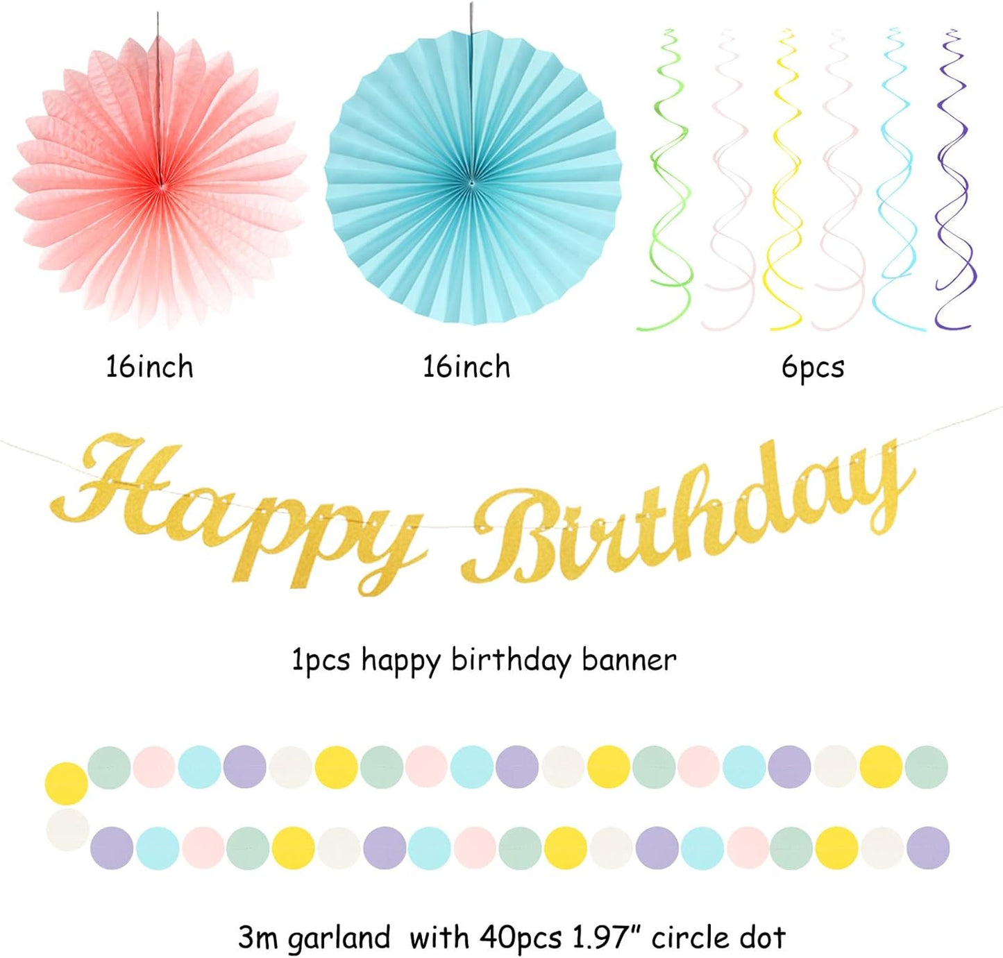 Pastel-Rainbow Classroom Girls Birthday Party-Decorations - 21pcs Happy Banner Decor, Colorful Paper Streamers Lanterns,Tissue Pom Poms Fan,Hanging Honeycomb Garland, Two Sweet Easter Supplies Huglony