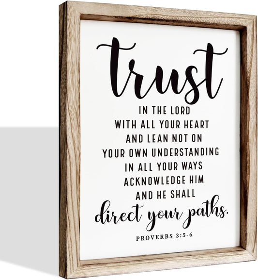 Christian Wall Signs, Rustic Home Decor, Church Room Decoration, Proverbs 3:5-6 Sign, Framed Wall Plaque Sign 15 * 11.5 inches, Trust in the Lord with All Thine Heart