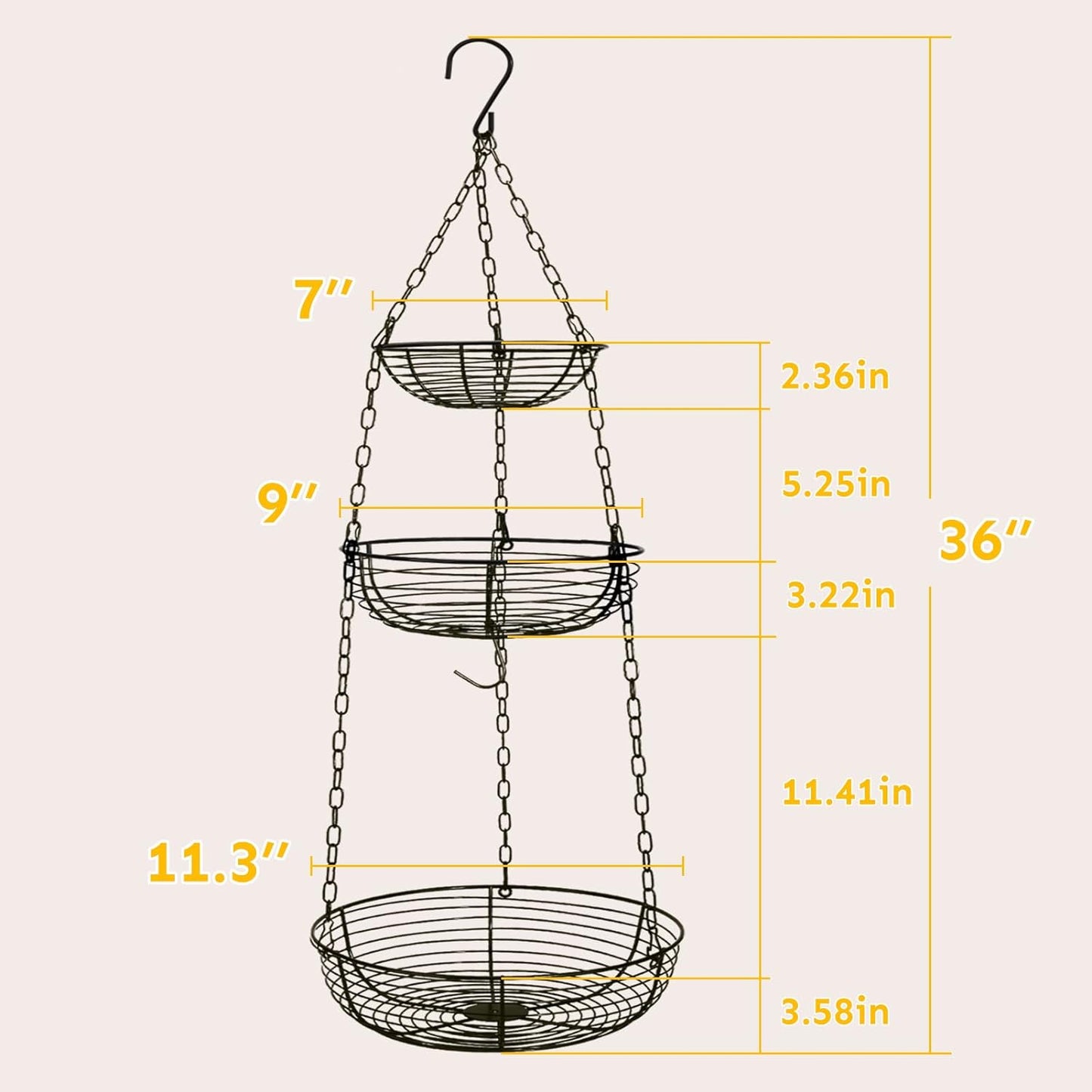 HULISEN 3 Tier Hanging Fruit Basket with Banana Hook, Heavy Duty Wire Hanging Baskets for Kitchen Storage, 36 Inch Hanging Vegetable Produce Basket Organizer (Including Installation Bracket)