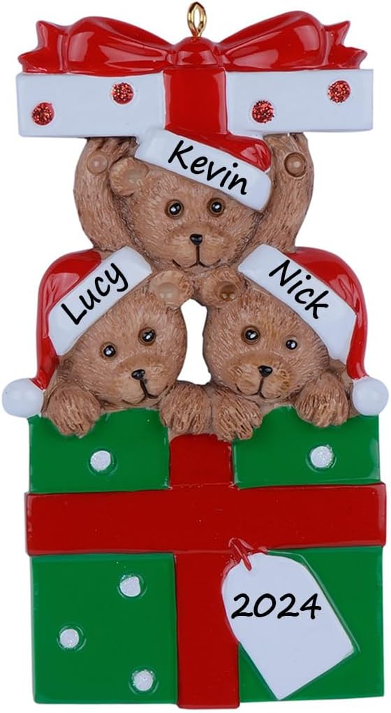 Personalized Family Ornament 2024, Bear Family of 3 Christmas Tree Ornament, Customized Teddy Bear Ornaments for Christmas Tree Decor, Unique Bear Gifts for Mom, Dad, Grandkids, Grandma, Grandpa