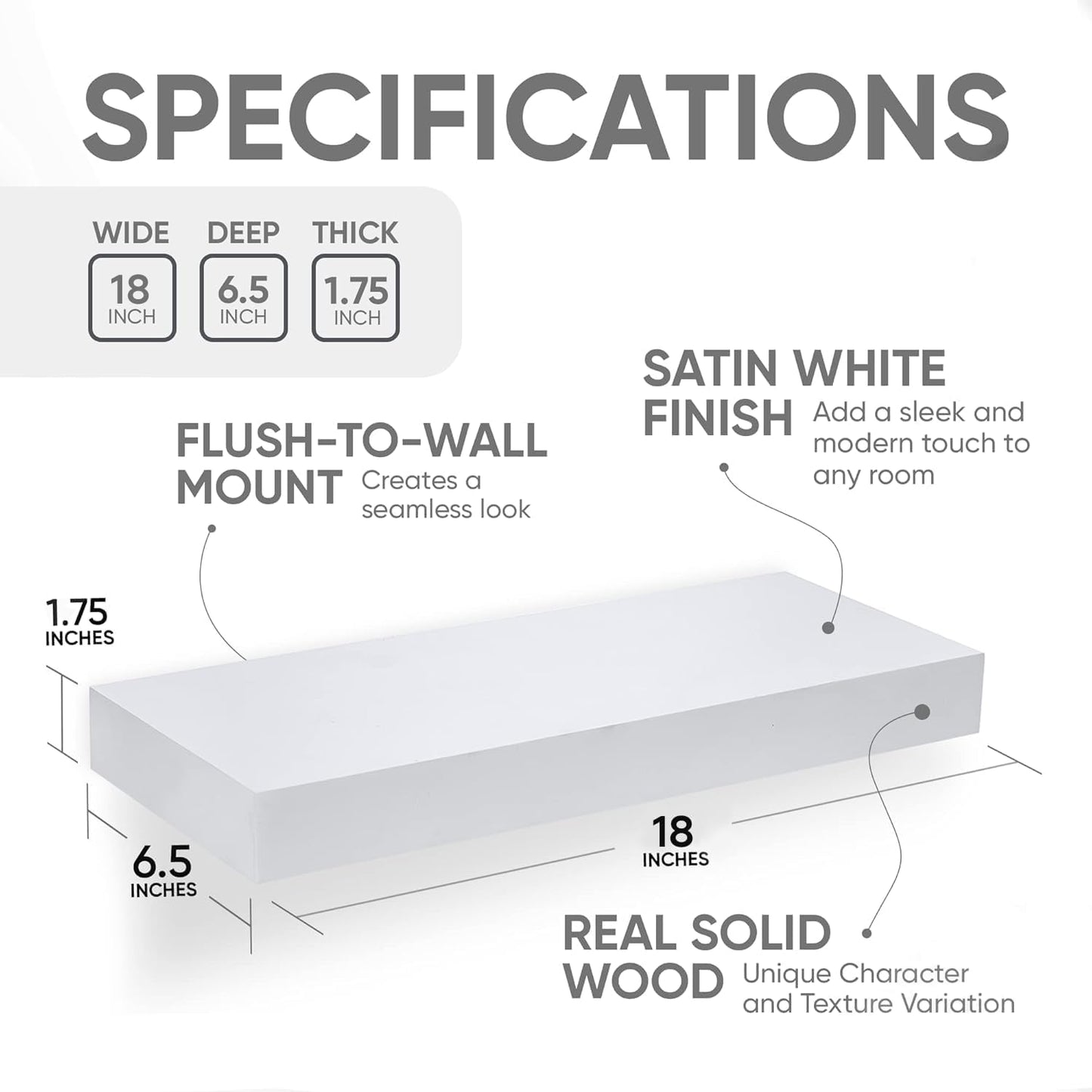 Homeforia White Floating Shelf 18 inch, High End Solid Real Wood 18inch Bathroom Floating Shelves for Wall Mounted, White Wooden 18in Floating Shelves, Heavy Duty Bracket, 18 X 6.5 X 1.75 in, Set of 4
