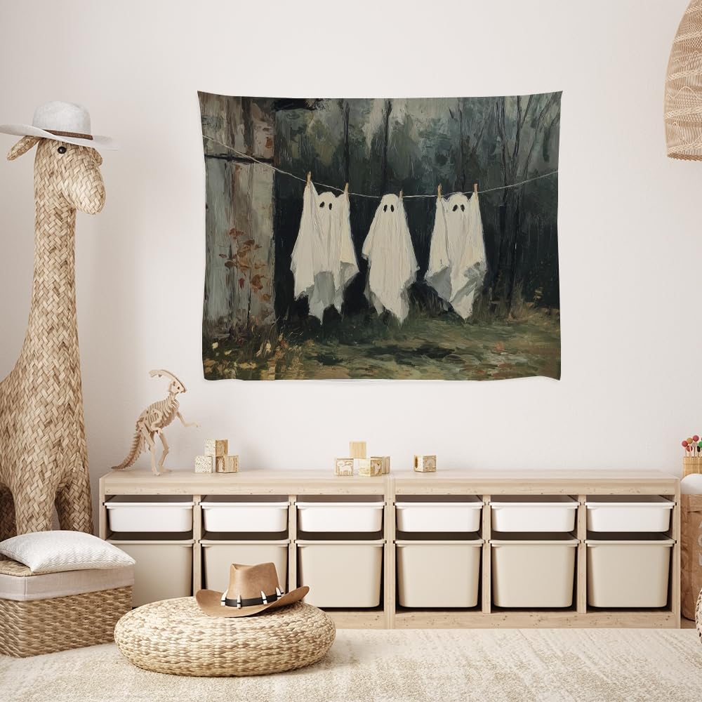Vintage Halloween Tapestry Funny Ghosts on Clothesline Tapestry Wall Hanging Farmhouse Gothic Room Decor Spooky Ghost Prints for Dark Academia Halloween Party House Decoration Tapestries 70x90inch