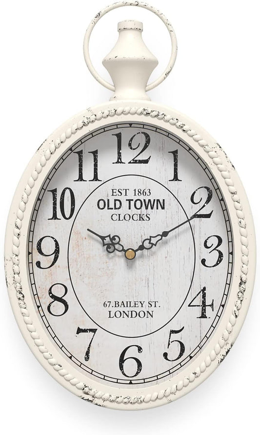 Menterry Small Retro Oval Wall Clock, Antique Old Design, White Vintage Style, Battery Operated Silent Decor Wall Clocks for Kitchen,Bedroom,Farmhouse,Bathroom (11.2" H x 6.7" W)