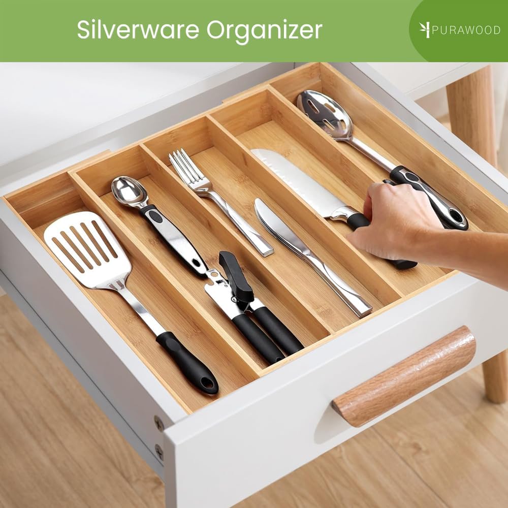 Purawood Kitchen Drawer Organizer, 2 Pack - Expandable Utensil Drawer Organizer for Kitchen, Cutlery Tray & Silverware Organizer, 3-5 Slots - Bamboo Organizer for Utensils & Flatware (Natural)