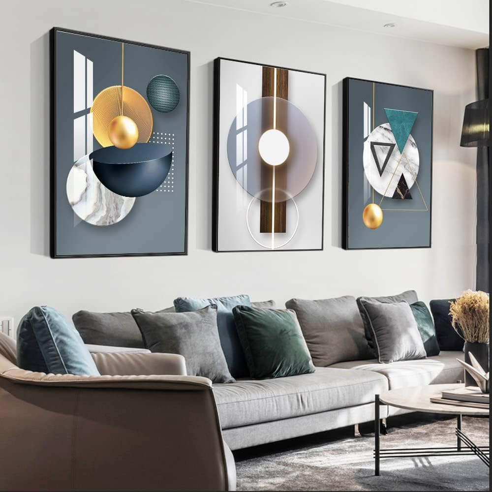 ARTKN Canvas Wall Art 3 Pieces,Abstract Geometry Framed Art Shape Pattern Paintings,Modern Wall Decor Artworks for Living Room Bedroom Office Decoration (Blue, 20" X 28" X 3 pieces)