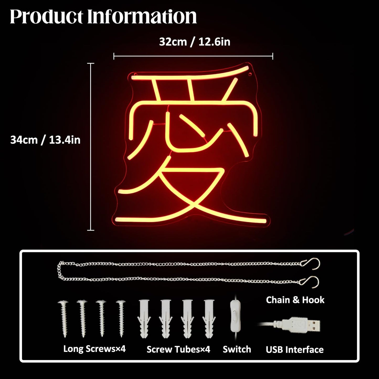 Japanese Love Neon Sign Red Love Kanji LED Neon Light Japan Symbol Neon Wall Sign Chinese Character LED Sign Words Neon Light Up Signs for Bedroom Bar Party Decor Valentine's Day Gifts