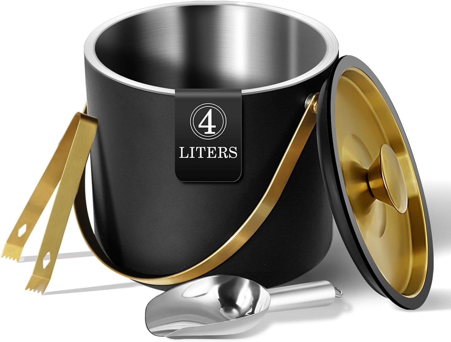 4L Ice Bucket with Silicone Lid, Scoop, Gold Tongs & Strainer, Stainless Steel Double Wall Insulated Ice Buckets for Parties & Cocktail Bar Outdoor Champagne Ice Container Bin, Black
