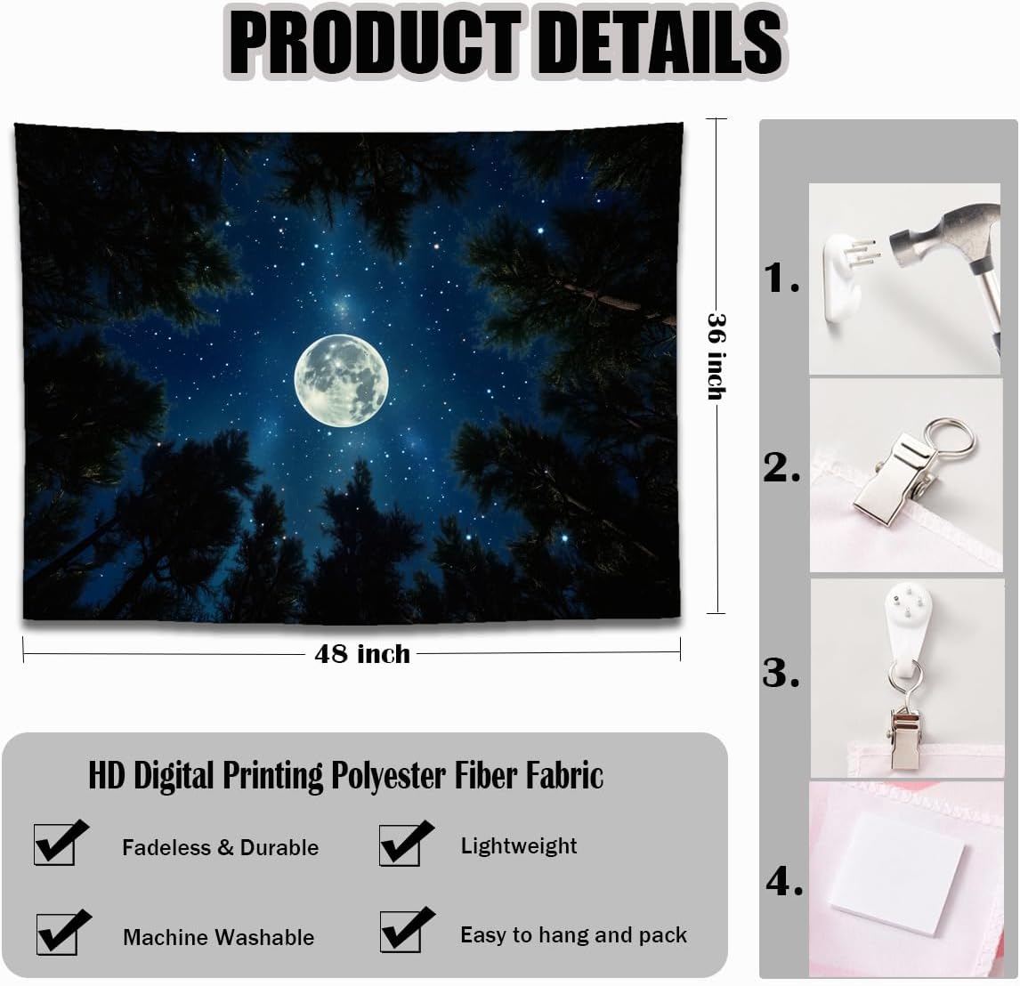 keowhsf Forest Galaxy Tapestry for Bedroom Ceiling - Starry Night Sky with Moon and Trees, Blue Aesthetic Wall Hanging, Milky Way Landscape Backdrop for Living Room and Dorm Decor