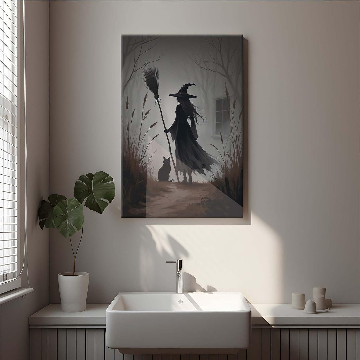 JFHCQJPK Vintage forest witch and black cat poster Halloween mural poster decoration mural art magic suitable for home living room bedroom24x36in Frameless