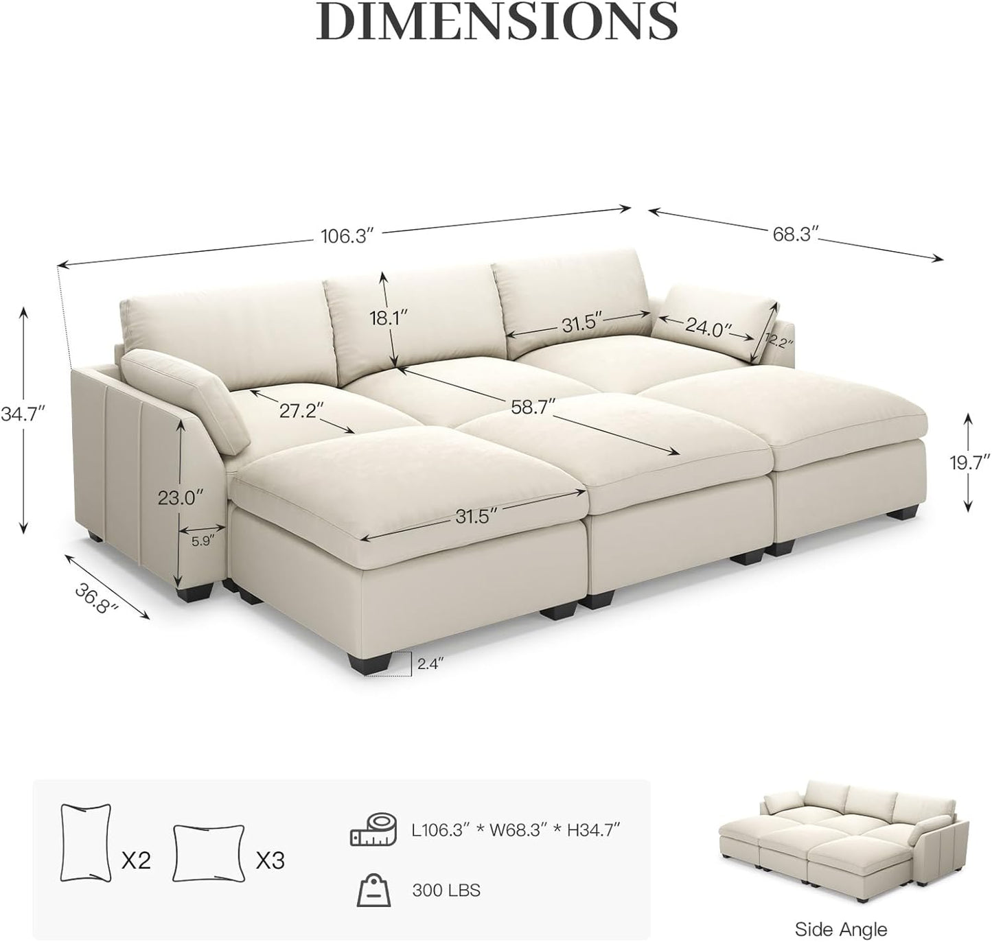 Belffin Sectional Couches for Living Room,106.3" 6-Seater Sleeper Sofa Bed,Extra Deep Seat Velvet Cloud Couch with Ottoman,Modular Sectional Sofa with Washable Covers,Beige