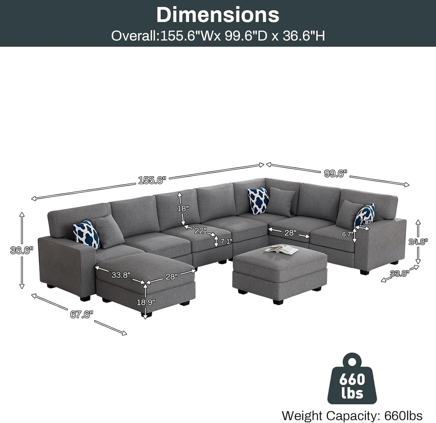 L Lengend Vansen Modular Sectional Sofa U Shaped Couch with Ottoman Modern Reversible Corner Sectional Couch for Living Room (Dark Grey, U Shaped Sofa-5)