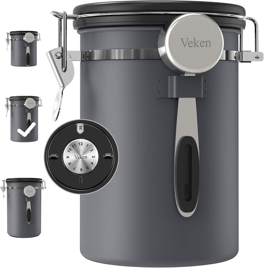Veken Coffee Canister, Airtight Stainless Steel Kitchen Food Storage Container with Date Tracker and Scoop for Grounds Coffee, Beans, Tea, Flour, Cereal, Sugar, Cookies Jars, 22OZ Gray