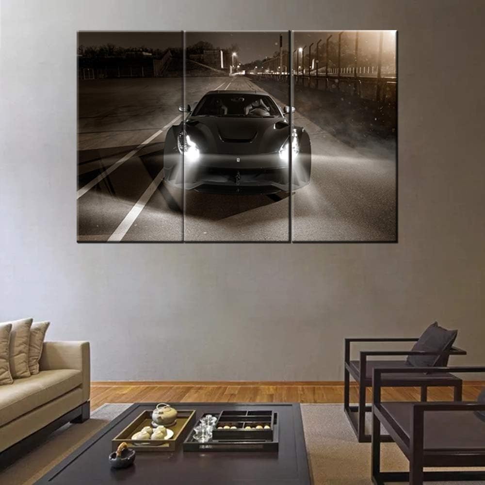TUMOVO Sports Car Canvas Wall Art 3D Model Design On Black Background Picture Painting for Home Decoration Stretched Canvas and Ready to Hang - 28 x 14inch x 3 Panels