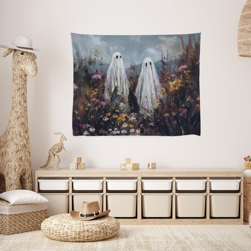 Halloween Ghosts in Wildflowers Tapestry Wall Hanging Spooky Cute Ghost Floral Tapestries Victoria Moody Artwork Aesthetic Print for Goth Living Room Bedroom wall Decor 30x40inch