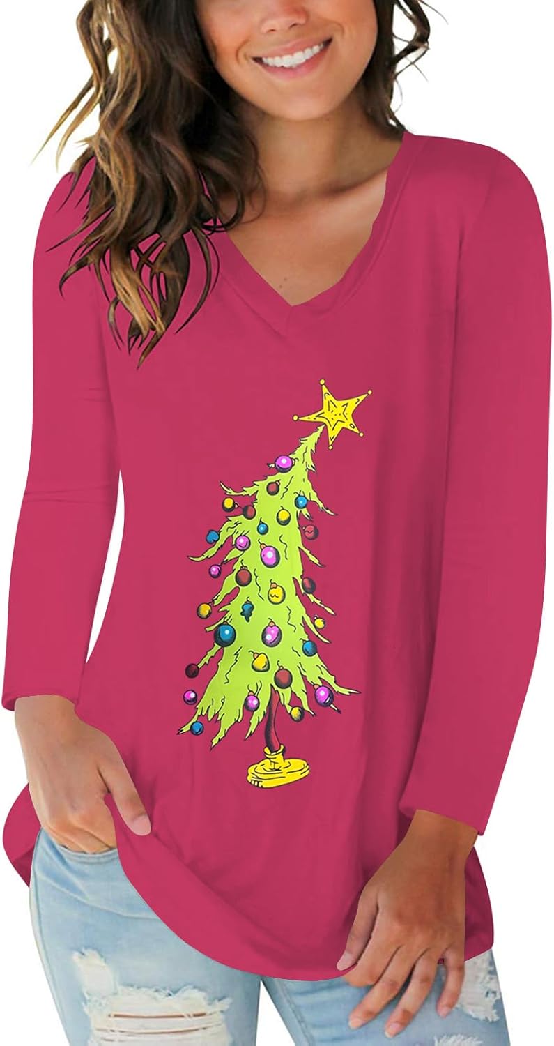 Tobrief Women's Long Sleeve V-Neck Shirts Fall Graphic Tees Loose Casual T-Shirt