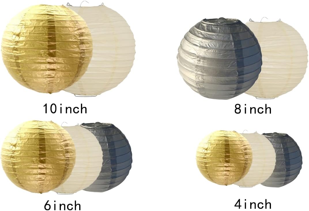 Paper Lanterns Decorations,Paper Hanging Decorations Ball Lanterns Lamps for Birthday Parties, Wedding Decor, （10 Pcs,4 in/6 in/8 in/10 in,Gold/Silver/White）