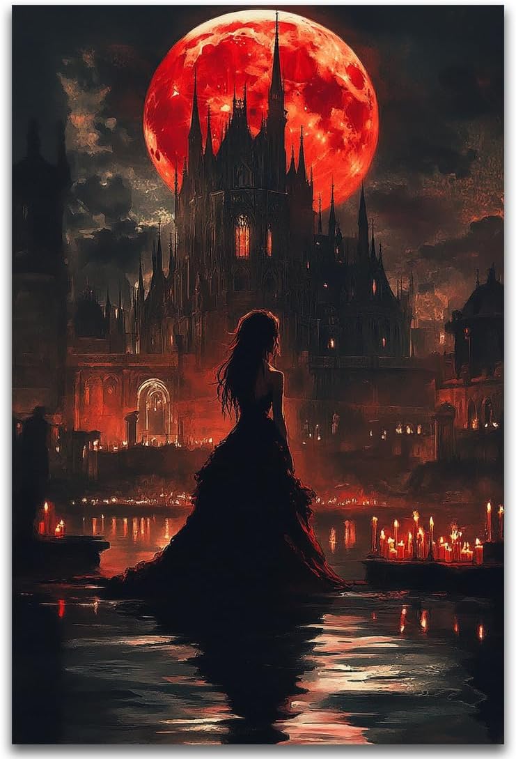 Halloween Witch Poster Canvas Prints Art Vintage Decor,Red Castle Blood Moon and Witch Scene Gothic Painting,Rustic Dark Academia Wall Art for Bathroom Spooky Living Room Wall Decor,24"x36" Unframed