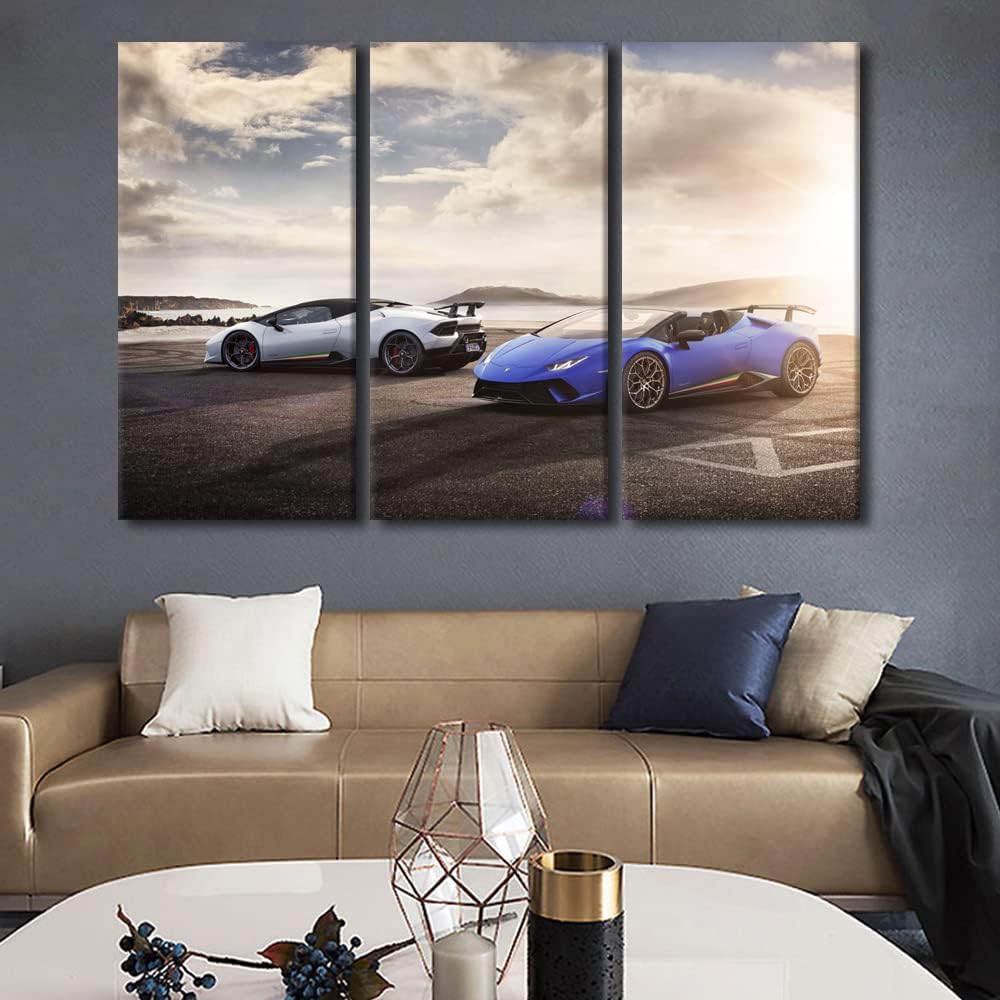 TUMOVO White and Blue Sports Car Modern Wall Art Super Car Abstract Picture Seaside Sunset Contemporary Artwork Print On Canvas Bedroom Wall Art Picture for Living Room Framed Ready to Hang 60"Wx40"H