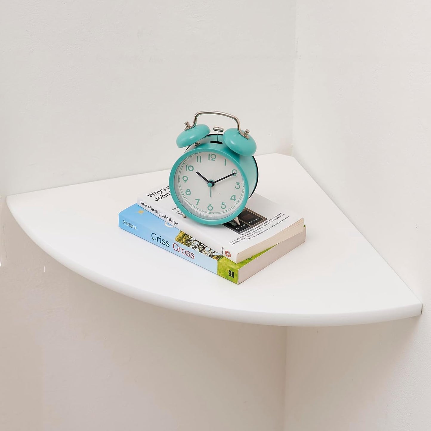 Corner Shelf, Solid Oak Wood Floating Corner Shelf Wall Mount Round End Floating Speaker with Wire Hole for Small Plant Photo for Bedroom Kitchen, Living Room White